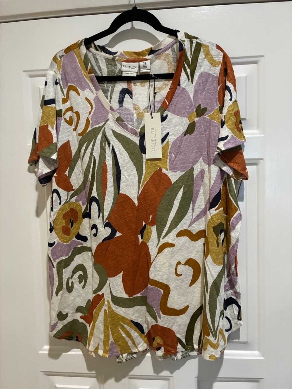 Rachel Zoe linen Floral V-Neck Short Sleeve Top - Multi
